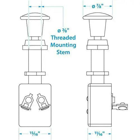 Diagram of Built Tough Heavy Duty 2 Position Push Pull On Off Switch dimensions, with threaded mounting stem and measurements.
