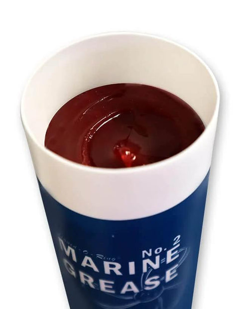 Top view of Multi Purpose Marine Grease For Boat Trailers U Joints And Lower Units NLGI Grade 2 Saltwater Resistant High Temperature Heavy Duty Performance Made In The USA 14 Oz Cartridge