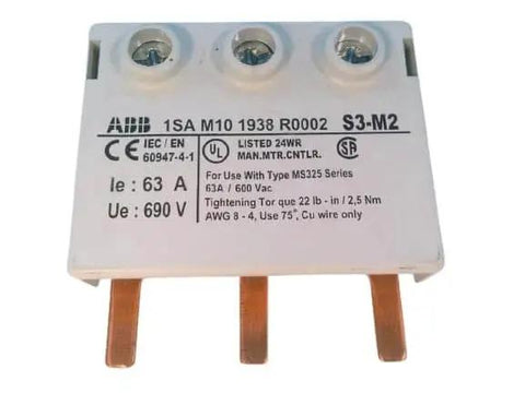 Front view of MS325-BB1 Terminal Busbar Block Single Unit, showing copper connectors and electrical specifications.