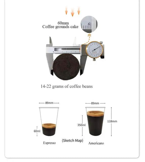 Diagram showing coffee grounds measurement and cup sizes for Espresso and Americano from a High Capacity Self Serve Coffee Vending Machine.