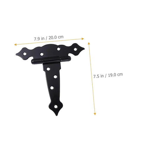 Black Painted Wrought Iron Strap Door Hinge Heavy Duty T Strap Decorative Hardware with dimensions for doors and sheds.