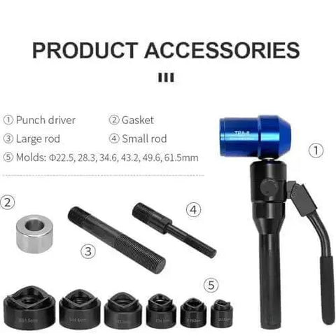 Portable Hydraulic Hole Punch Kit With Six Dies For Drilling Holes In Mild Steel Plates And Metal Sheets Manual Knockout Punch For Electrical Boxes Built Tough And Ready To Use Blue, showing punch driver, rods, and dies.