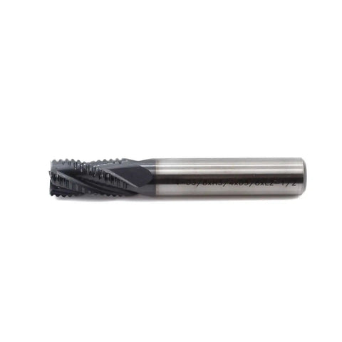 Roughing End Mill HSS Square Nose Four Flute Fine Tooth Bit Three Eighths Inch Shank Diameter Three Quarters Inch Flute Length Two and a Half Inch Overall Length Titanium Coated For Milling Metal Steels JESTUOUS