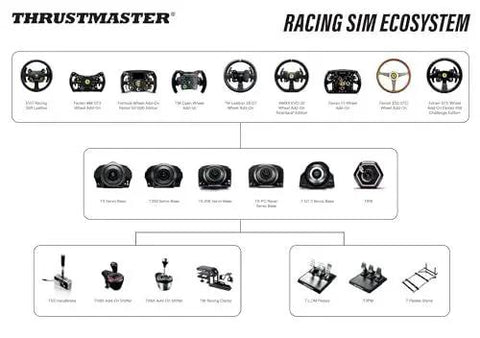 Thrustmaster T300RS GT steering wheel set infographic showing wheel, pedals, and shifters