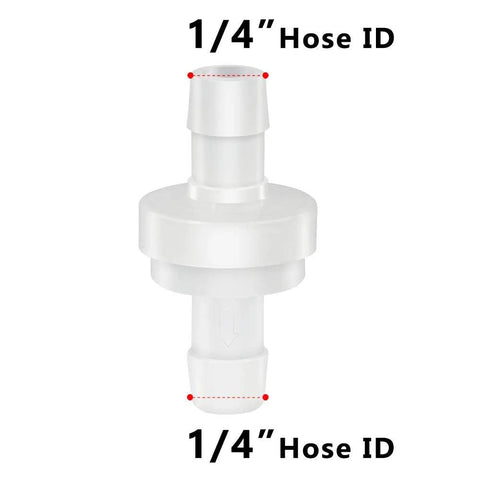 Inline check valve, 1/4 inch hose ID, white plastic, front view.