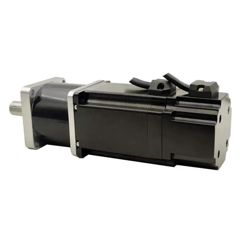 NEMA 23 stepper motor with planetary gearbox, black housing and silver mounting flange