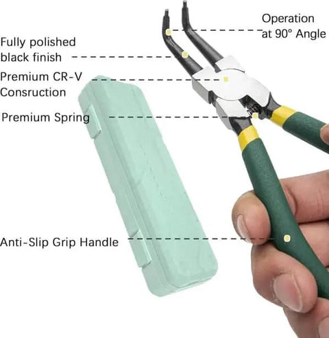 Hand holding 7 Inch Snap Ring Pliers Set 4 Piece Heavy Duty Retaining Ring Pliers Kit For Internal And External Circlips with storage case.