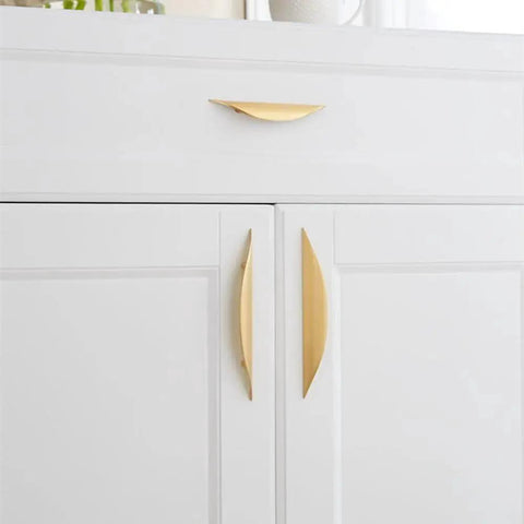 4 Pack Brushed Gold Crescent Cabinet Pulls With 5.79 Inch Overall Length And 3.75 Inch Hole Centers on white cabinet doors