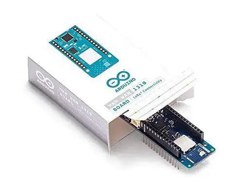 MKR WAN 1310 LoRa IoT Development Board with Murata Module partially out of its box, showing connectivity and design details.