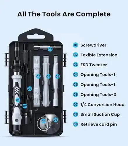 All In One 115 In 1 Precision Screwdriver Set With Magnetic Bits DIY Mini Repair Kit for electronics, tools displayed in case