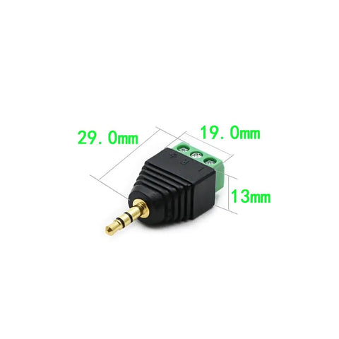 Three Pack 3.5mm TRS Stereo AV Male To 3-Screw Terminal Adapter Cables, 1/8 Inch Plug To Screw Block, side view with dimensions