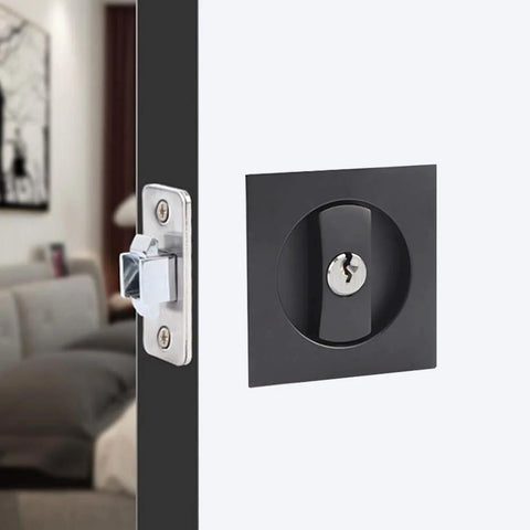 Black Privacy Pocket Door Lock With Keys Hidden Recessed Square Barn Door Latch for 1 3/8 to 2 3/16 Inch Thick Doors