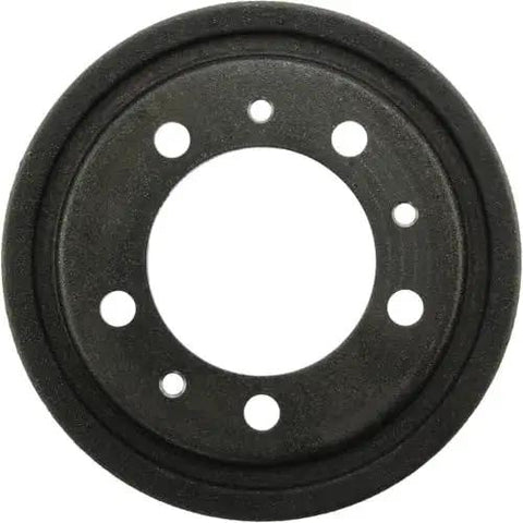 Brake drum, front view, black metal circular part with six lug holes around the central bore.