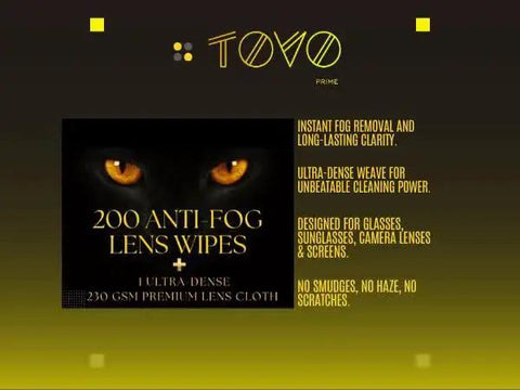Packaging of Anti Fog Eyeglasses Cleaning Wipes And Microfiber Cloth For Glasses Screens with bold text and cat eyes graphic.