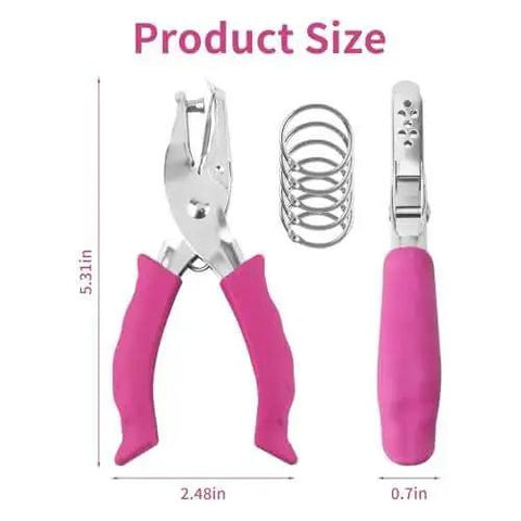 Durable 1/4 Inch Single Hole Punch For Crafts And Office Tasks, handheld metal cutter with pink soft grip, includes 5 clamp rings