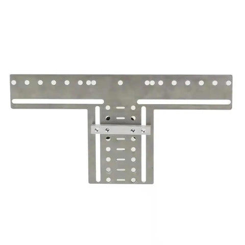 Front view of Eight Position Cabinet Pull Drill Template for Doors and Drawers, silver metal mounting template with direct drilling holes