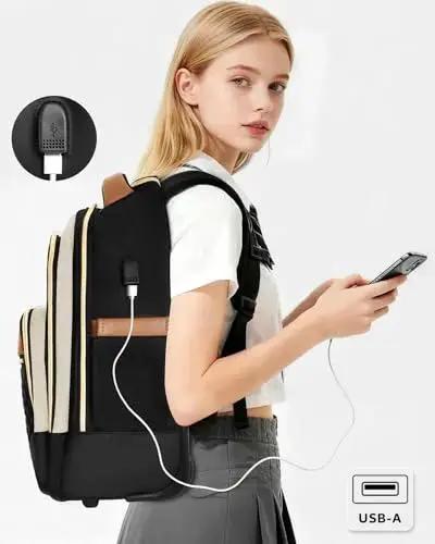 Woman carrying Arcoyard Rolling Backpack With Wheels For Travel, 40L capacity, USB charging, beige brown water-resistant exterior.