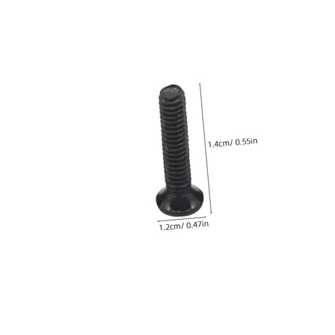 Close-up of a flat head carbon steel screw from the Miniature Screw Set Kit For DIY Repairs And Pros with dimensions shown.