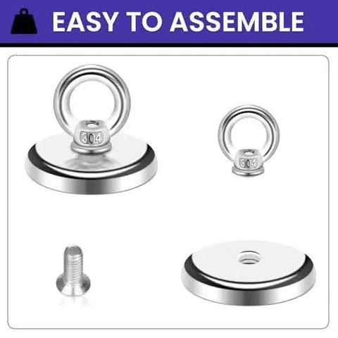 Components of Six Pack Neodymium Fishing Magnets 100 Lb Pull For River Retrieval showing assembled and unassembled parts.