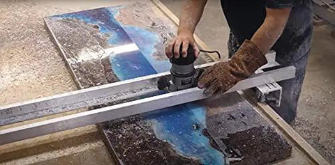 Person using a Slab Jig Router Sled for Woodworking, Level and Trim Wood Slabs Up To 64 Inches Wide on a river table project