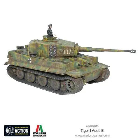 Tiger I Ausf E 1 To 56 Scale German Army Plastic Tank Kit for Bolt Action tabletop battles 28mm with commander figure displayed