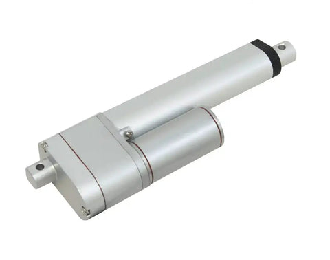 12 Volt Potentiometer Feedback Mini Linear Electric Actuator With 6 Inch Stroke And 35 Pound Load Capacity, compact metal design.
