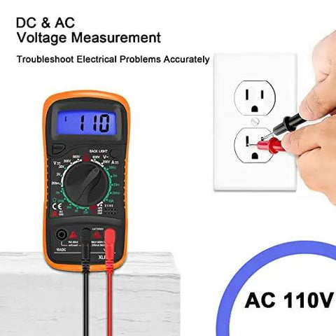All In One Digital Multimeter Voltmeter Kit With LCD Display For AC DC Voltage And Current, Resistance, Continuity, Diodes, Battery Test, And Included Test Leads measuring voltage from outlet.