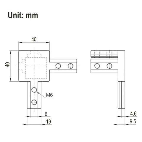 Technical drawing of 4 Pack Black 4040 Series 3-Way End Corner Bracket with M6 screws for 8mm slot T-slot aluminum extrusion profiles.