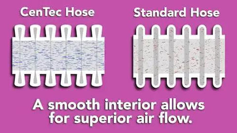 Comparison of CenTec hose for 30 Ft Go-To Premium Shop Vacuum Extension Hose With 2 Tank Adapters And 1.25 Inch Curved End, Fits Most Major Vacuum Brands And Standard Accessories, Silver, showing smooth interior for airflow.