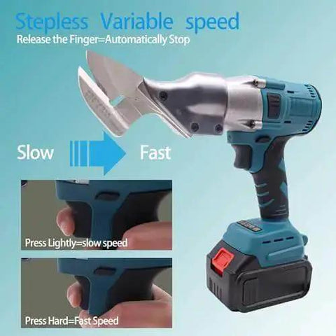 Cordless Electric Sheet Metal Shears With 360 Degree Swivel Head, showing stepless variable speed control and rechargeable batteries