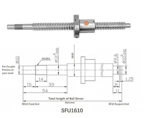 Two Piece 16mm Ball Screw Kit SFU1610 RM1610 diagram showing detailed measurements and ball screw structure, includes nut and end supports.