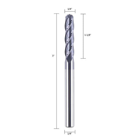 4 Flute Ball Nose End Mill For CNC Milling With Quarter Inch Shank And Quarter Inch Cutting Diameter SpeTool Pro Grade 3 Inch Overall Length Solid Carbide TiAlN Coated shown with dimensions.