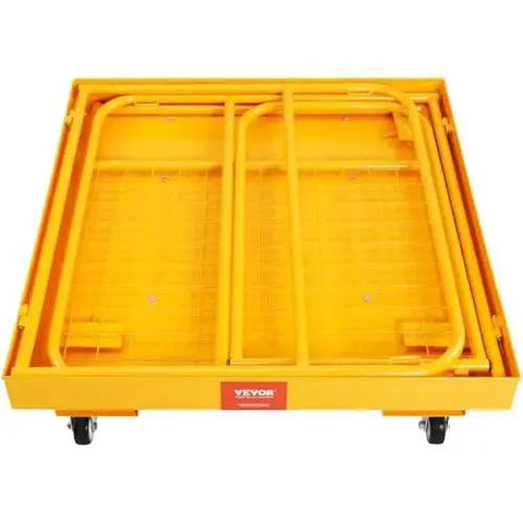 Forklift Safety Cage Work Platform 1200 Lb Load Capacity Collapsible With Wheels, front view folded with yellow frame and mesh surface.