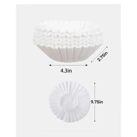 Large 12 Cup Commercial Coffee Filters Pro Quality All Natural Big And Tall Filter Set For Office Coffee Makers Measuring Nine And Three Quarters By Four And One Quarter Inches Fits Most 12 Cup Brewers 300 Pack Woman Owned, showing top and side view with measurements.