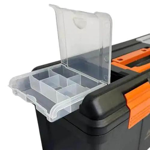 Close-up of Heavy Duty Plastic Toolbox With Tray And Dividers Black 22 Inch Storage Case For Tools With Removable Lid Compartments