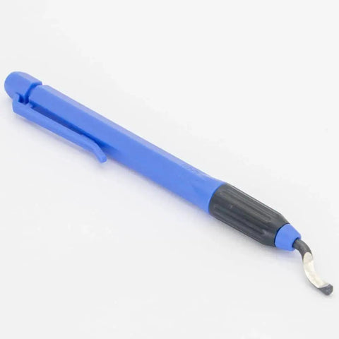 Deburring Tool Set With Eleven High Speed Steel Swivel Blades And A 360 Degree Rotary Head with single blue handle view.