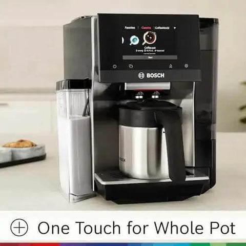 Double Cup Barista Style Home Fully Automatic Coffee Machine With 36 Drink Presets And Touchscreen Controls For Latte Macchiato Cappuccino Or Espresso Personalize Strength Size Milk Ratio And Aroma Large Bean Hopper Easy Clean Stainless Steel shown on kitchen countertop