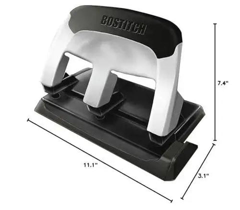 Front view of EZ Squeeze Heavy Duty 3 Hole Punch With 40 Sheet Capacity, all metal build, dimensions 11.1 x 3.1 x 7.4 inches.