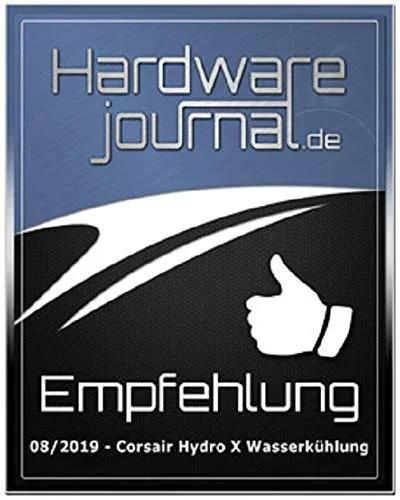 Hardware journal.de award badge for Corsair Hydro X Wasserkühlung with thumbs up icon, text 'Empfehlung', August 2019.