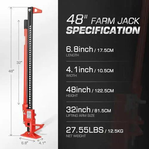 Universal 48 Inch Farm Jack Ratcheting 3 Ton Off Road Tool For Car Truck SUV with detailed specifications on display.