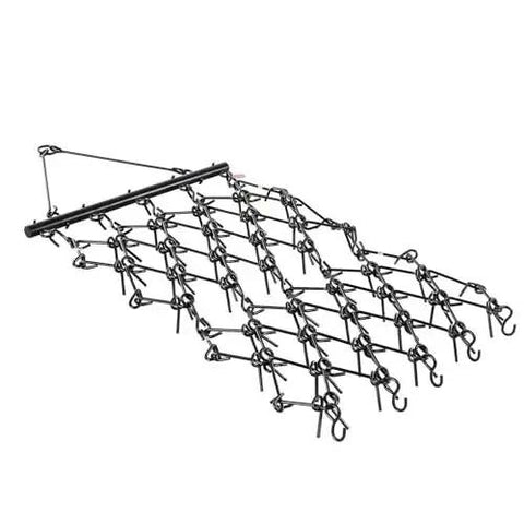 Heavy duty drag harrow with 69 teeth for tractor, ATV, UTV use. 4x4 ft size, chain construction for soil prep and driveway maintenance.