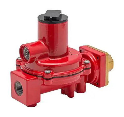 First-Stage Compact LP Gas Regulator for Propane Systems, 8 to 12 PSI Output, red with brass fittings, side view
