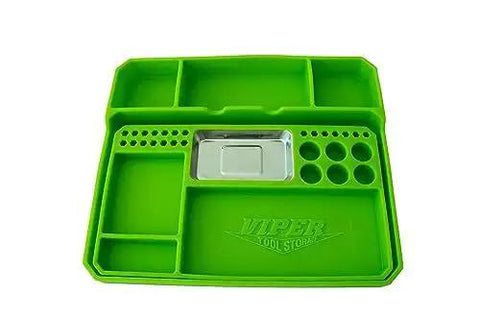 Viper 2 Piece Flexible Silicone Tool Organizer Tray Set Lime Green With Magnetic Small Parts Tray And Large Workspace Tray