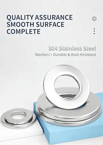Close-up of 304 Stainless Steel Flat Washers Set 105 Pcs Assortment M2 To M10 for home repair and DIY projects, shown on display.