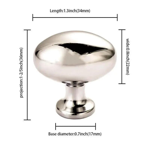 10 Pack Polished Nickel Oval Cabinet Knobs 35 Mm Zinc Drawer Knobs, detailed view with dimensions labeled, ideal for kitchen cabinets