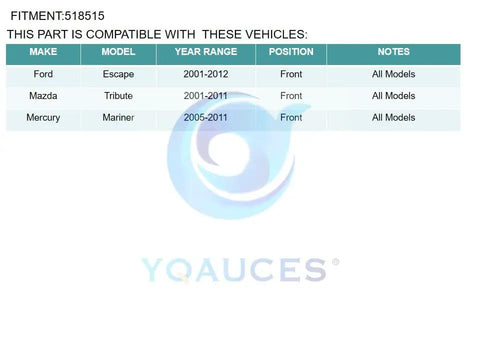 Compatibility chart for Front Wheel Hub And Bearing Assembly For Ford Escape 2001 2012 Mazda Tribute 2001 2011 Mercury Mariner 2005 2011