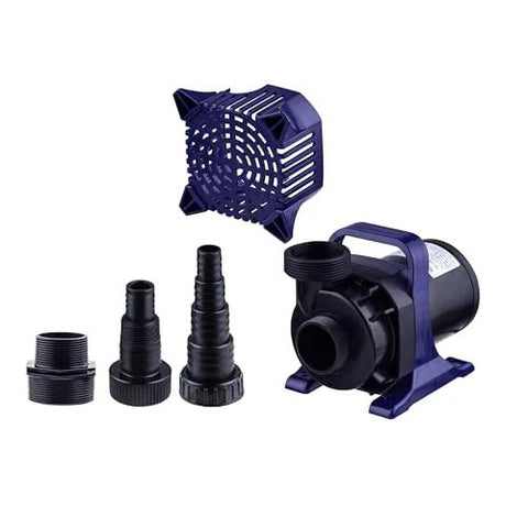 Alpine Corporation submersible water pump with adapters; purple motor housing and black fittings.