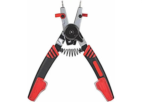 Two In One Snap Ring Pliers With Internal External Switch Reversible Design For Tool Free Quick Remove And Install Works On Internal Rings From Three Eighths To Two Inches And External Circlips From One Quarter To Two Inches Spring Loaded Tips Included.
