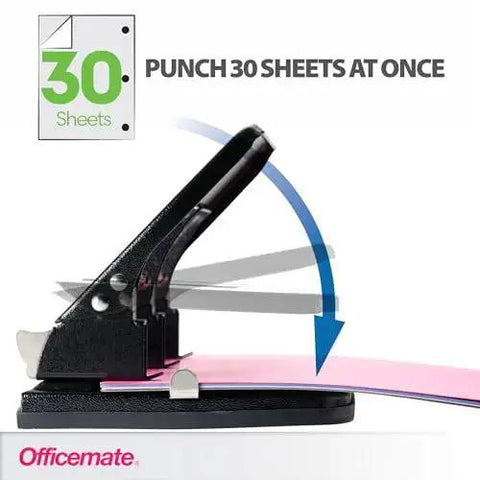 Side view of black 3 Hole Punch for Home Office, Medium Duty, 30 Sheet Capacity, Ergonomic Soft Grip Handles, punch action illustration