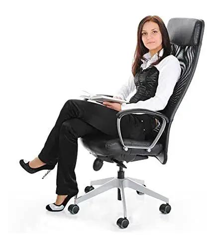 Office chair with caster wheels and a woman sitting, featuring floor-protecting 2 inch twin rubber rollers set of 5, in an office setup.